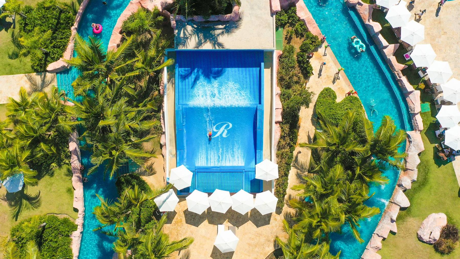 Aerial view of the lazy river and waterslides at Royalton Splash Punta Cana