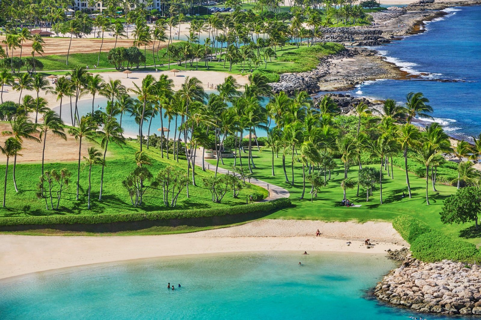 Aerial view of the Ko Olina lagoons and the green coastline