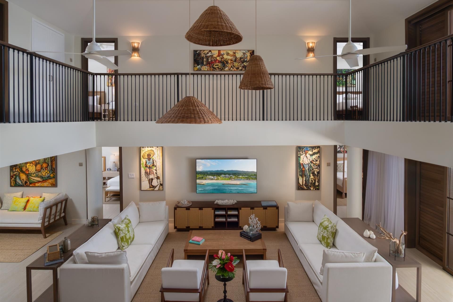 The double-height living room of a villa