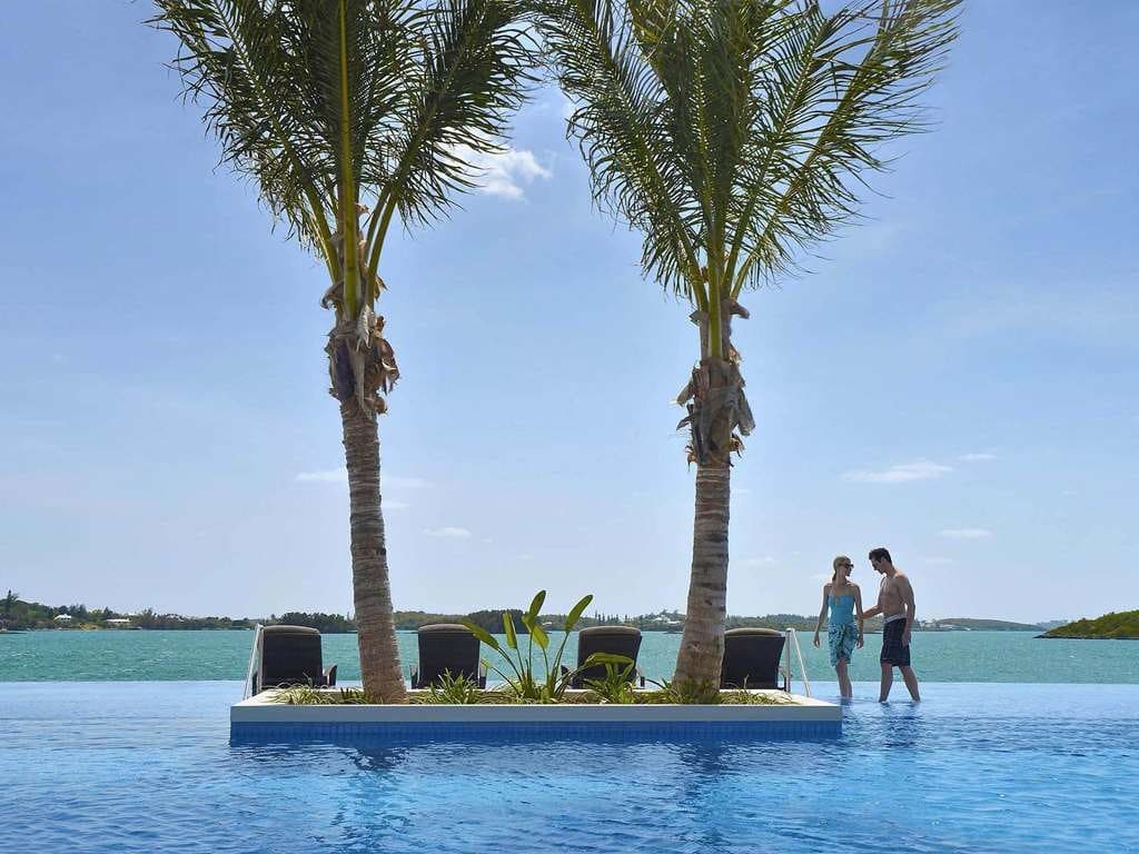 Two palms on a small island of loungers in the infinity pool, with the harbor beyond