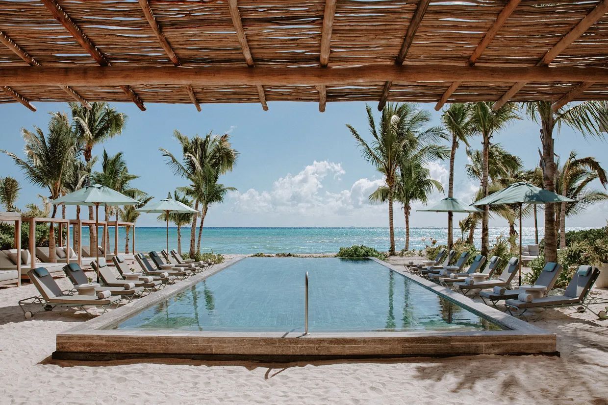 The beach club pool beneath a thatched roof, with palms and the sea beyond
