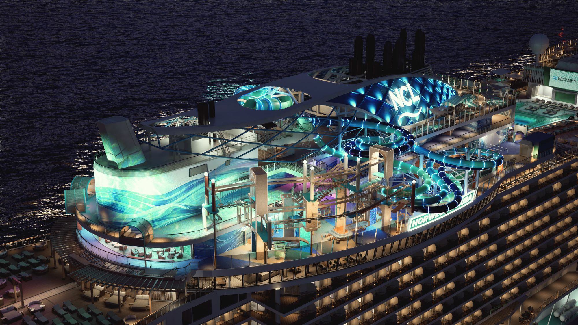A rendering of Norwegian Aura's top deck lit up at night