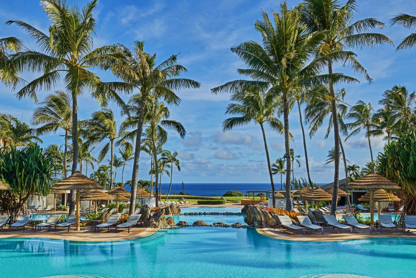 A pool framed by palms, with thatched umbrellas and the ocean behind