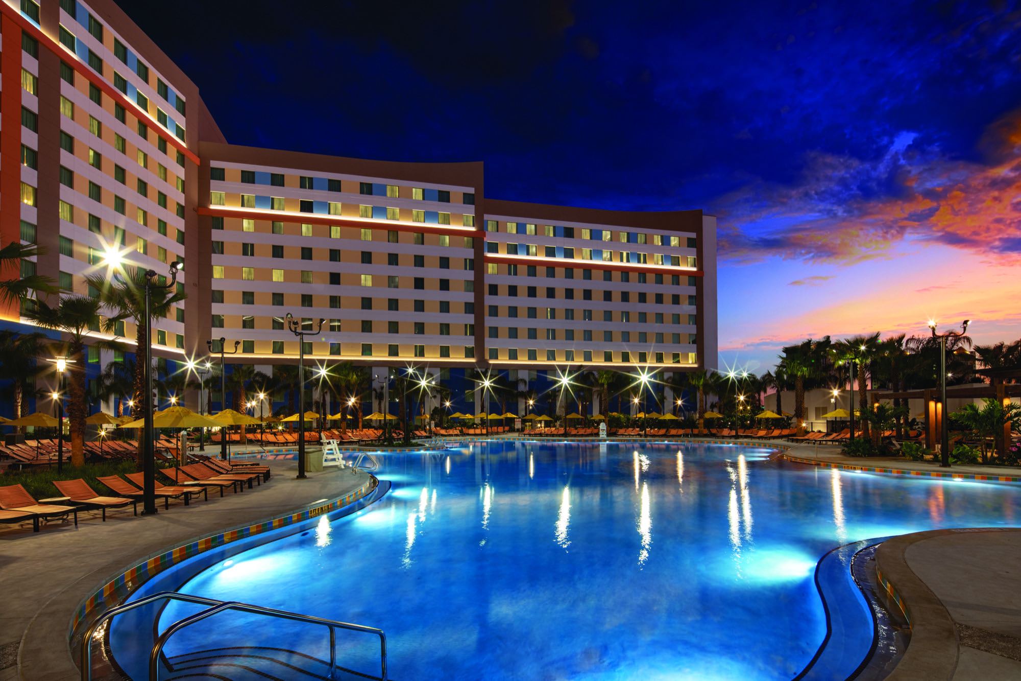 The pool at Universal Endless Summer Resort, Dockside Inn and Suites, at dusk