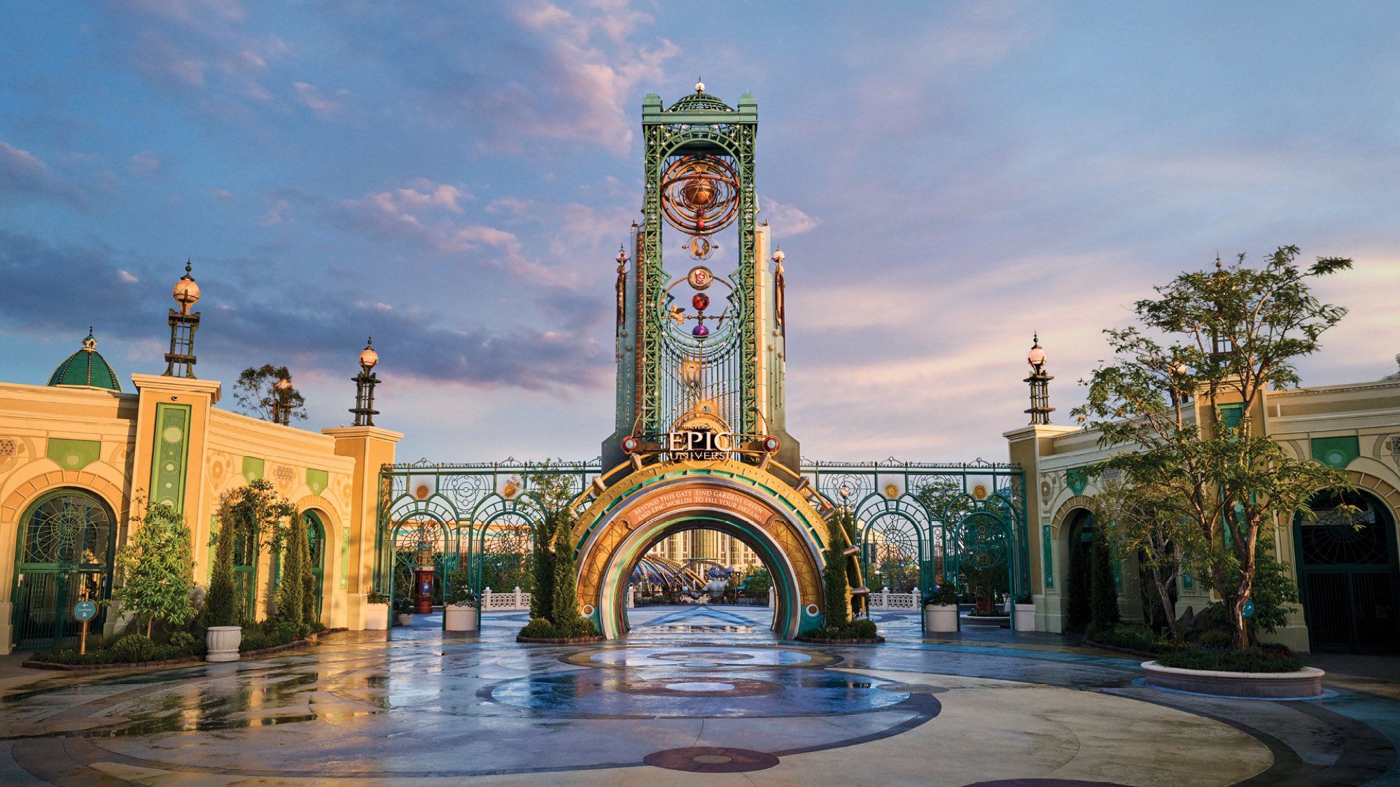 The Chronos tower and gardens of Celestial Park in Universal Epic Universe